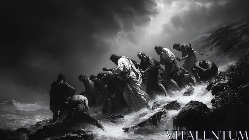 Disciples battle storm surge on jagged coastal rocks