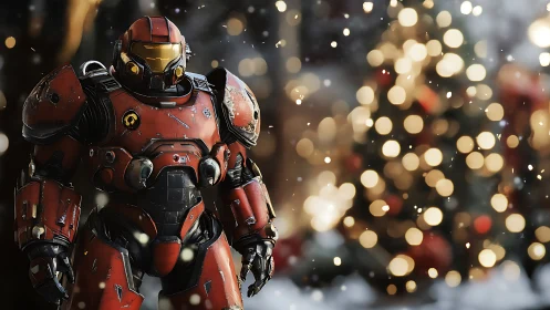 Armored red sci fi mech in falling snow by lit tree.