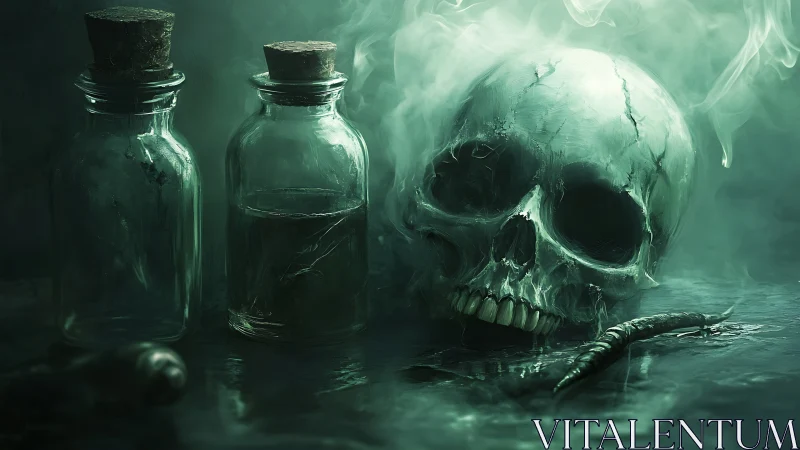Human skull, glass bottles and worm in dense green vapor.