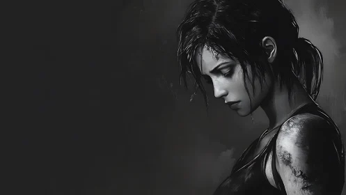 Brooding grayscale portrait of wounded woman in profile.