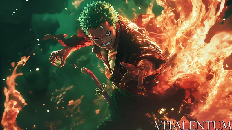 Blazing swordsman lunges through emerald smoke and wildfire.