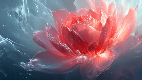 Translucent red flower form rendered in fluid digital art
