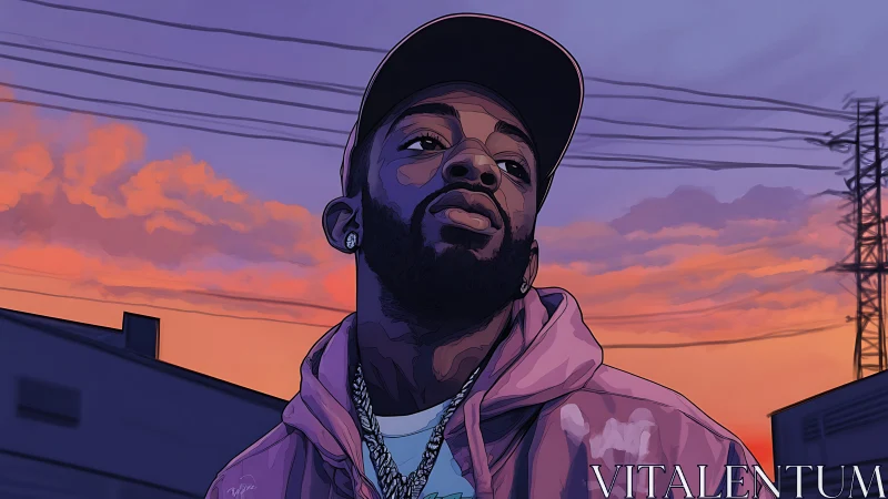 Urban portrait at sunset with hooded figure, vector gradients