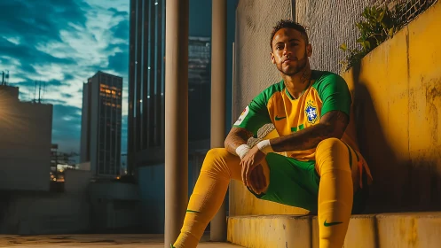 Brazil football player resting in city rooftop sunset.