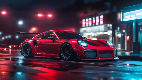Red performance coupe cuts through neon-lit rainy city street