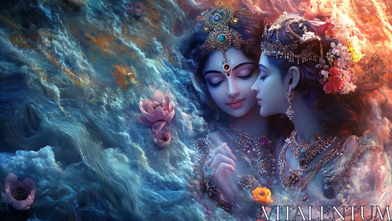 Celestial lovers drifting through jeweled twilight tides.