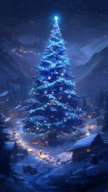 Midnight alpine village crowned by a luminous winter tree.