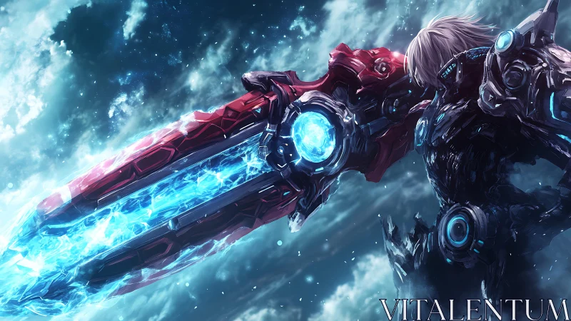 Cybernetic warrior raises colossal plasma blade in stormed sky