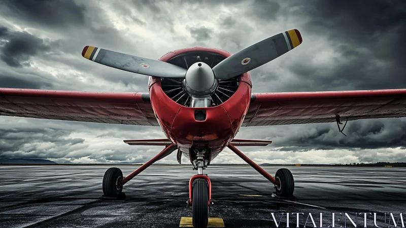 Red taildragger aircraft nose view on stormy wet tarmac