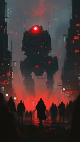 Colossal war mech dominates red-lit dystopian city street.