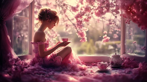 Soft spring morning wraps quiet tea in blossom pink calm