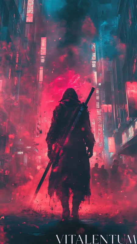 Lone cyberpunk swordsman strides through neon firestorm.