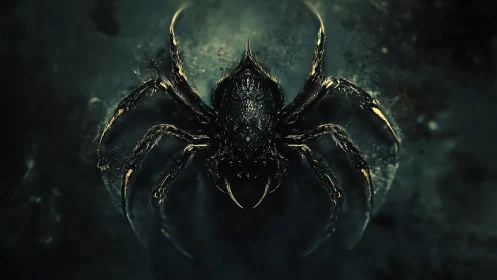 Dark armored spider emerges from a shadowed abyss.