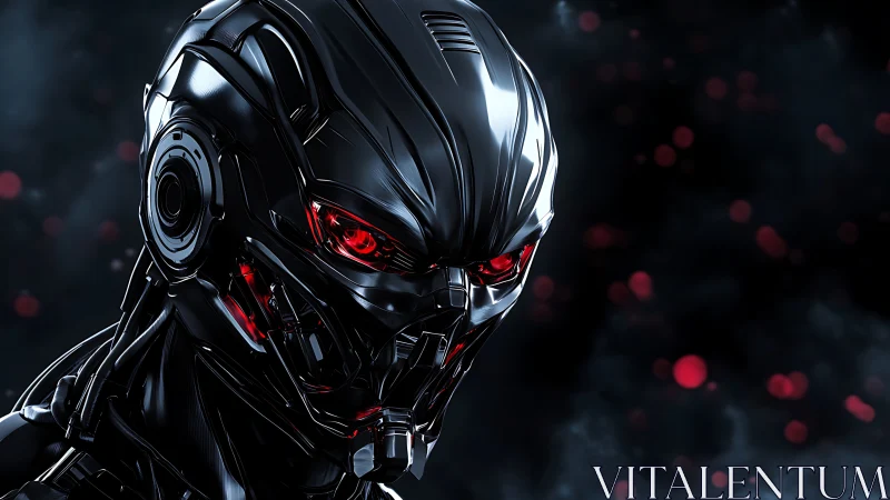 Dark cybernetic android glares with glowing red optics.