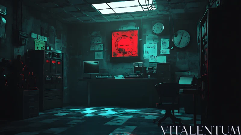 Cyberpunk control room glows with eerie teal and red light.