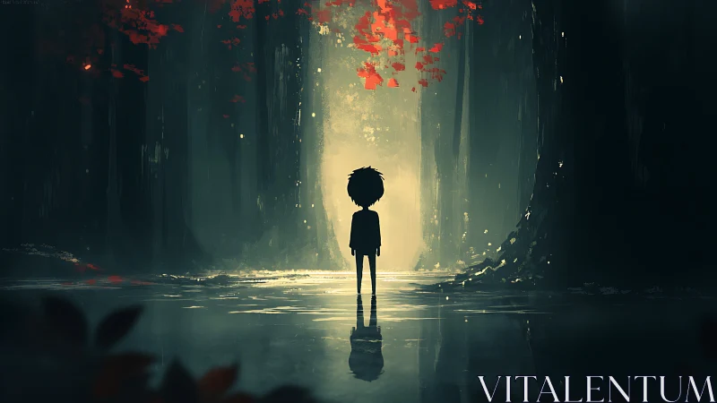 Lone child meets glowing forest threshold in hush and mist.
