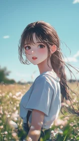 Sunlit anime girl in floral meadow with soft depth of field.