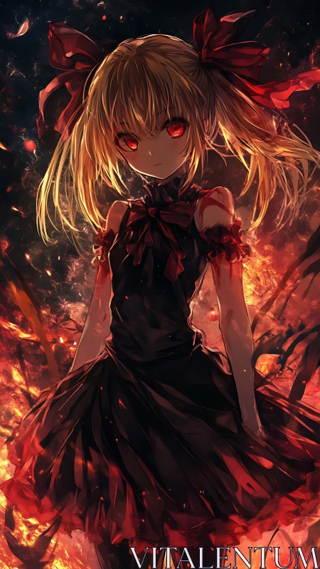 Fiery-eyed anime girl standing strong in glowing embers.