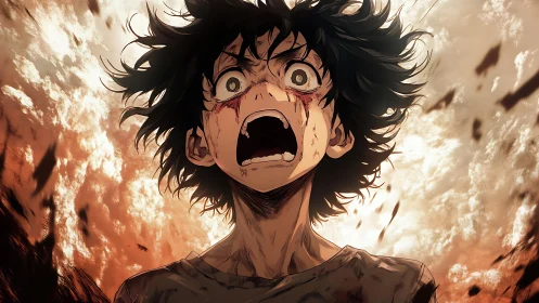 Explosive anime closeup of distressed boy with debris swirl.