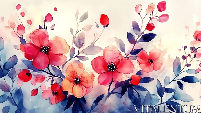 Watercolor Florals. Red Blooms Against Soft Navy Foliage.