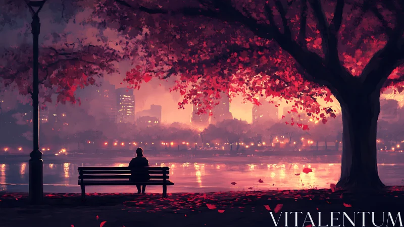 Solitary figure on park bench under luminous crimson canopy