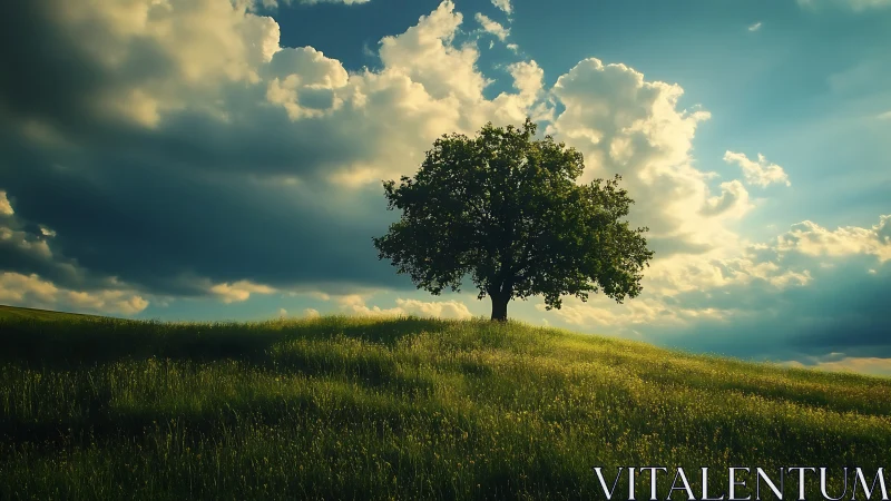 Lone tree on grassy hill under dramatic sky, natural landscape scene.