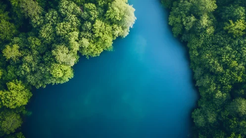 Emerald forest banks embracing a tranquil sapphire river bend.