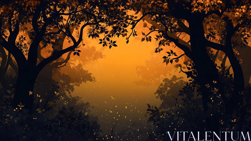 Forest canopy silhouetted against golden sky.