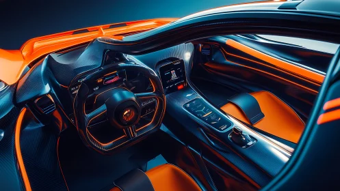 Neon-lit hypercar cockpit glows with futuristic precision.