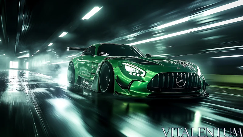 Emerald race car explodes through neon tunnel in motion