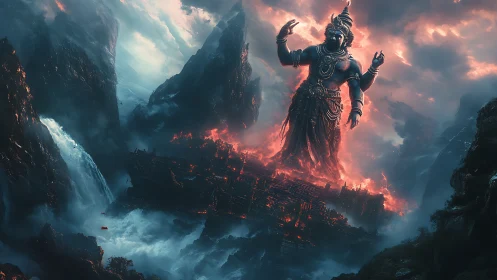 Colossal lava deity emerging above storm-lashed chasm citadel