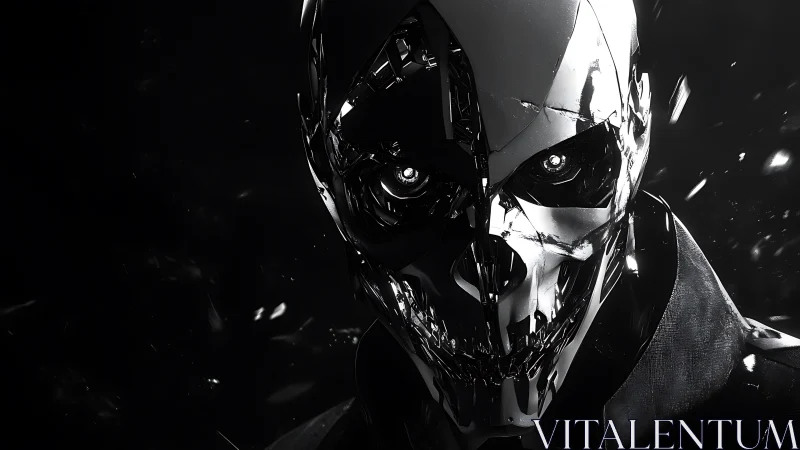 Chrome‑jawed cyborg grins through fractured shadows and starlight