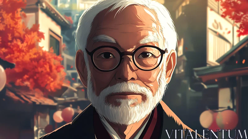 Elderly man with glasses in warm autumn street scene.