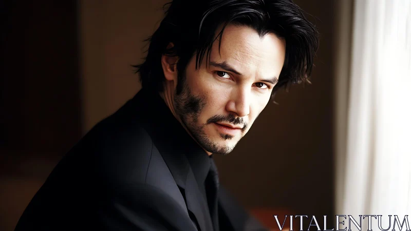 Brooding gentleman in soft window light holds steady gaze.