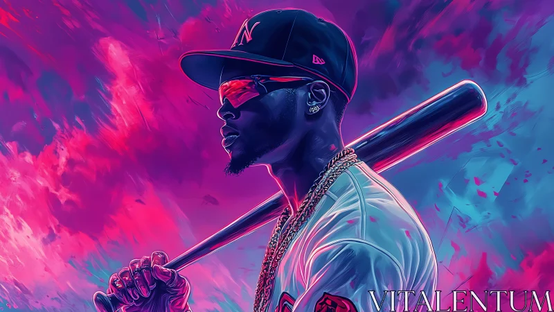 Electric neon baseball hero stands ready under vivid skies