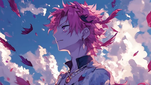 Pink‑haired horned anime figure under drifting feathers.