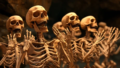 Skeleton chorus raises bony hands under warm cave light.