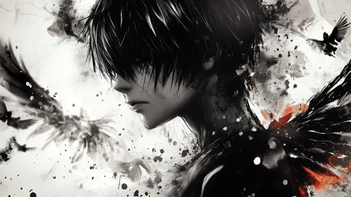 Monochrome anime portrait merges ink splatter, crows and dark wings
