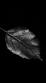 Single wet leaf is captured in high-contrast monochrome study