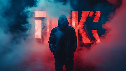 Hooded figure stands in neon smoke before bold red letters