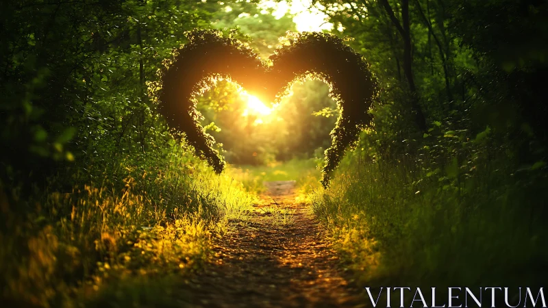 Heart-Shaped Foliage Arch in Sunlit Forest Path, Dreamy Style.