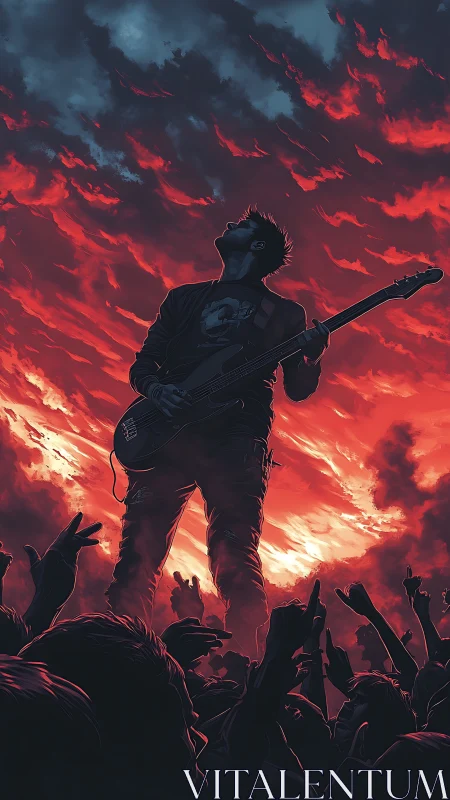 Guitarist silhouetted against incendiary sunset sky at concert