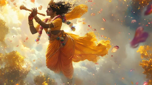 Celestial flutist in golden sari amidst drifting flower petals