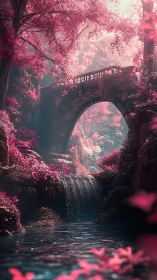 Stone arch bridge spans pink forest stream and waterfall
