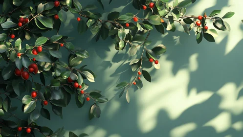 Sun-dappled berry vines whisper across a teal wall.