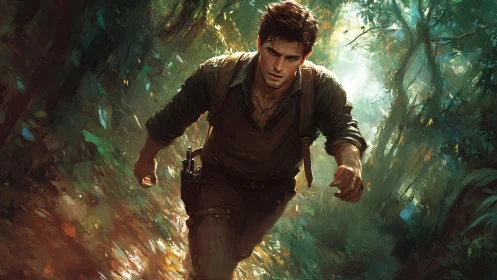Adventurer running through dense sunlit jungle path.