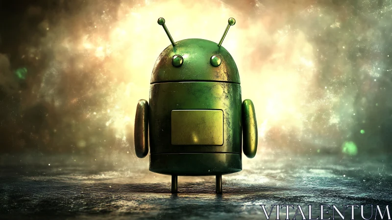 Metallic green robot mascot stands in glowing sci fi haze.