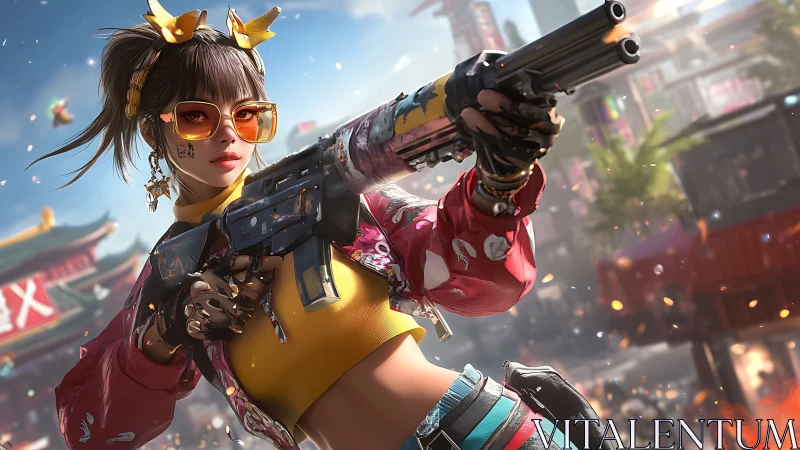 Cyber street heroine aims dual guns in neon city standoff.