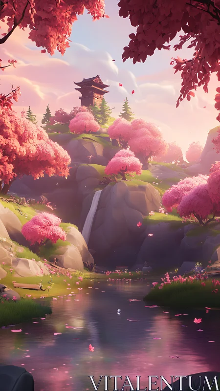 Cherry blossom valley with pagoda, waterfall and river