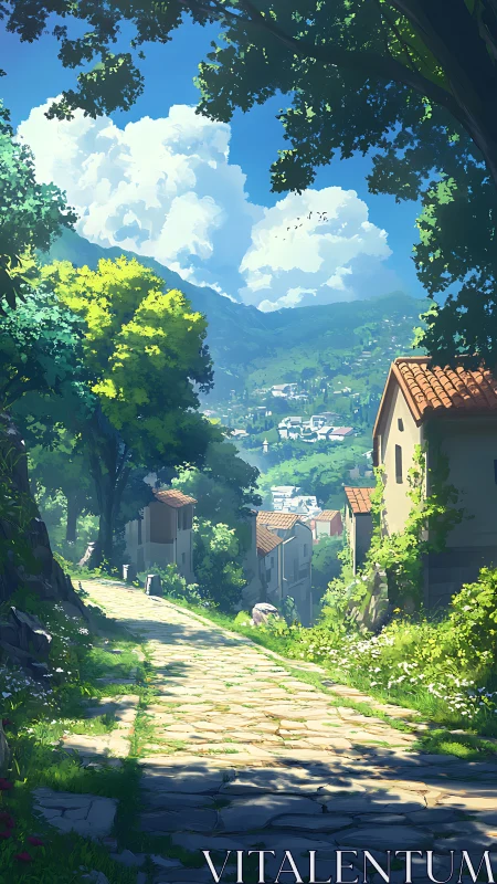 Digital painting of sunlit hillside village path composition.